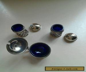 Item VINTAGE SILVER PLATED SALTS WITH CONDIMENT AND BLUE GLASS LINERS  for Sale