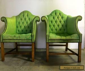 Item PAIR OF VINTAGE CHIPPENDALE CLUB CHAIRS WITH H SHAPE MAHOGANY FRAMES.  for Sale