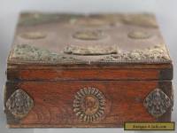 Fantastic Antique Wooden Box Decorated w/Casted Iron Buddhist Symbols