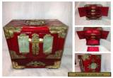 BEAUTIFUL RARE ANTIQUE CHINESE WOOD & BRASS AND JADE JEWELLERY BOX / CHEST for Sale