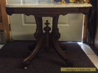 Antique Victorian Parlor End Table Oval With Marble Top Carved Wood Base 