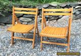 2 Vintage Mid Century Wood Slat Folding Chairs Seat Fold Oak Set Antique for Sale