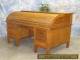4' Oak Rolltop Office Desk Vintage Table Arts Crafts Danish Modern Mid Century a for Sale
