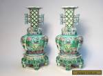 Antique Chinese c1700 Kangxi Famille Verte Biscuit Molded Pair Vases on Stands for Sale