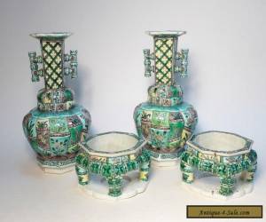 Item Antique Chinese c1700 Kangxi Famille Verte Biscuit Molded Pair Vases on Stands for Sale