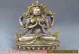 Chinese Silver Bronze Gilt Tibetan Buddhism Statue --- 4 Arm Tara Buddha for Sale