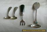 4 ANTIQUE STERLING SILVER ITEM 2 SALT SPOONS SMALL LADLE PICKLE FORK JADE HANDLE for Sale