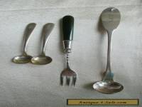 4 ANTIQUE STERLING SILVER ITEM 2 SALT SPOONS SMALL LADLE PICKLE FORK JADE HANDLE