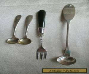 Item 4 ANTIQUE STERLING SILVER ITEM 2 SALT SPOONS SMALL LADLE PICKLE FORK JADE HANDLE for Sale