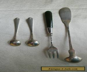 Item 4 ANTIQUE STERLING SILVER ITEM 2 SALT SPOONS SMALL LADLE PICKLE FORK JADE HANDLE for Sale