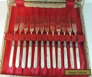 Item 24 ANTIQUE HUKIN & HEATH SILVER PLATED MOTHER OF PEARL DESSERT KNIVES & FORKS for Sale