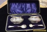 Solid Silver Spice Salt Mustard Bowls - Boxed - Set of 2 with Spoons for Sale