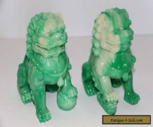 Pair (2) Vintage Foo Dog Feng Shui Chinese Green White Swirl Figure Statues for Sale