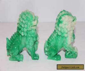 Item Pair (2) Vintage Foo Dog Feng Shui Chinese Green White Swirl Figure Statues for Sale