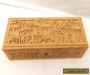 Item Antique Hand Carved Canton Glove Box Sandalwood Intricate Carved Panel 3D Relief for Sale