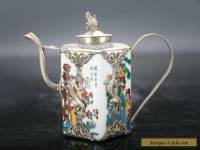 Retro painted woman Tibetan silver inlay porcelain teapot and monkey lid E719