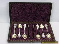 Antique Ainsworth Taylor & Co EPNS 6 Spoons & Sugar Tongs in Original Box C1895