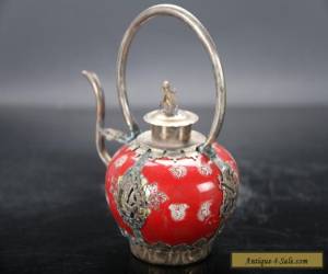 Item Retro painted flower Tibetan silver inlay porcelain teapot and monkey lid E716 for Sale