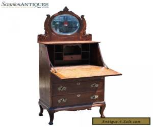 Item Antique Victorian Ladies Tiger Oak Drop Dront Secretary Desk w/ Mirror  for Sale