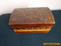 VINTAGE PYROGRAPHY CARVED BURNT WOODEN HINGED CHEST JEWELLERY TRINKET BOX