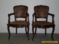 Pair Vintage Antique French Cane Back Arm Chairs Louis XV Walnut 110713
