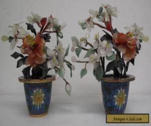 Pair Vintage Chinese Hardstone Jade Trees in Cloisonne Pots, Appx. 7" High for Sale