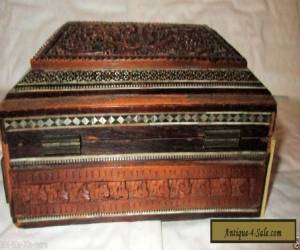 Item Vintage Empire Bone (?) Inlaid Carved Wood Anglo-Indian Box - Needs Some Repair for Sale