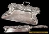 Antique c1900 Ornate Art Nouveau Repousse Roses Silver Sp Crumber Set for Sale