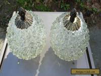 Pair Vintage Pressed Glass Globe Brass Finial Ceiling Wall Light Fixtures