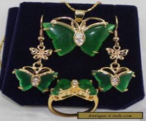 Item  BEAUTFUL GREEN JADE BUTTERFLY EARRINGS RINIG NECKLACE SETS for Sale