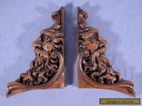 *Pair of French Antique Solid Highly Carved Walnut Wood Brackets with Faces