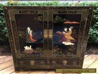 CHINESE BLACK LACQUER HARDSTONE CABINET SIDE TABLE