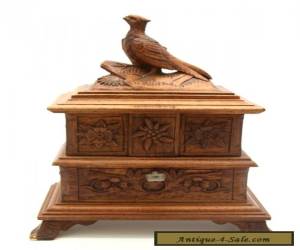 Antique Victorian Black Forest Carved Wooden Jewelry Box Bird Swiss Geneve for Sale