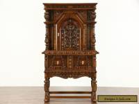 English Tudor 1925 Antique Carved Oak China or Bar Cabinet