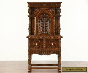 English Tudor 1925 Antique Carved Oak China or Bar Cabinet for Sale