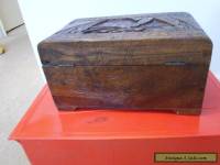 ANTIQUE WOOD DEED BOX.  ART CARVING 12IN LONG BOX